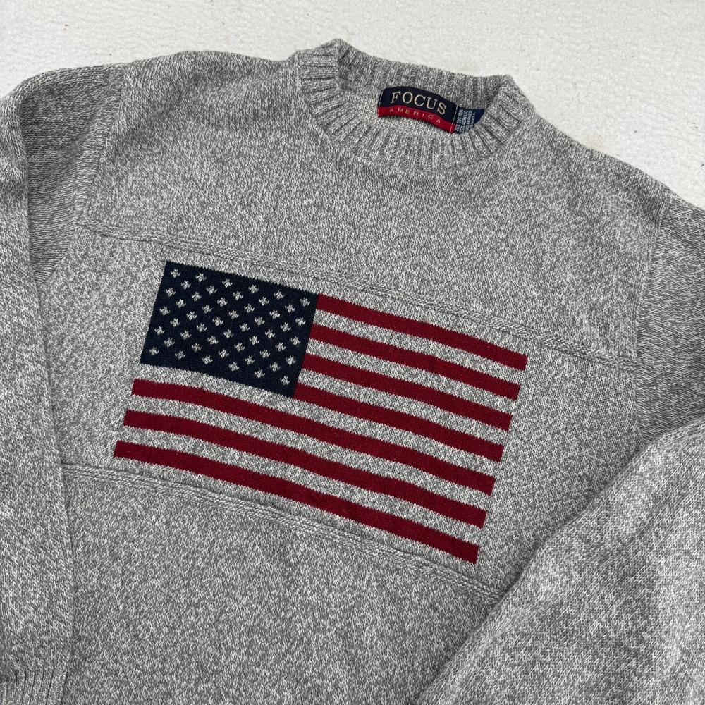 Vintage Focus America Flag Sweater Mens Large Gray Heavyweight Handmade In USA
